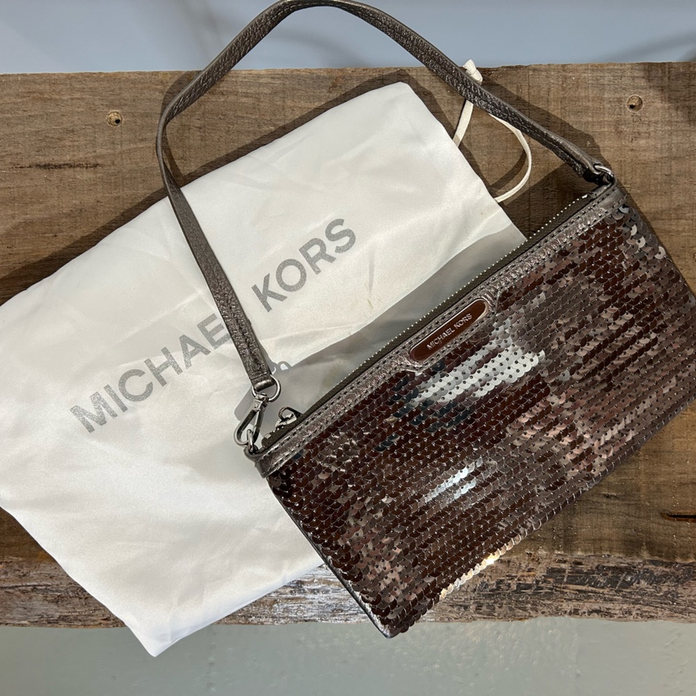 Michael Kors pewter metallic leather / sequin evening bag.